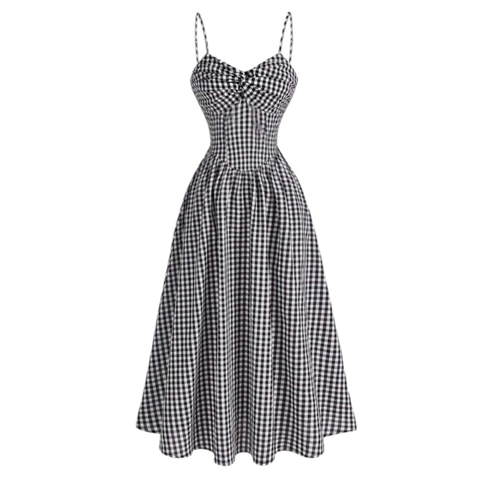 Black and White Midi Sundress with Spaghetti Straps and Sweetheart Neckline